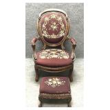Victorian Carved Wood Armchair and Foot Rest