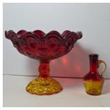 Red and Amber Glass Bowl and Pitcher