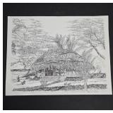 Ink Drawing of Tropical Village Scene