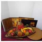 Decorative Trays with Faux Fruits, Wine Placemats