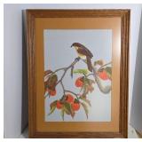 Framed Embroidered Bird and Persimmons Artwork