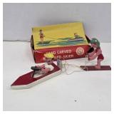 Hand-Carved Boat and Skier Toy with Box