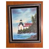 Framed Lighthouse Oil Painting