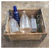 Wood Crate with Assorted Glass Bottles