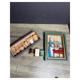 Framed Artwork and Wooden Spools Set