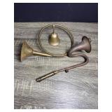 Brass Horns and Bell Set