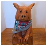 Hand-Carved Wooden Sitting Pig Sculpture