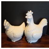 White Ceramic Rooster and Hen Figures