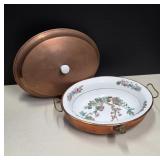 Copper Chafing Dish With Floral Porcelain Insert