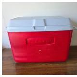 Red Rubbermaid Cooler With Gray Lid