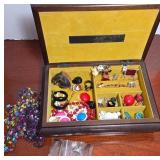 Wooden Jewelry Box With Costume Jewelry