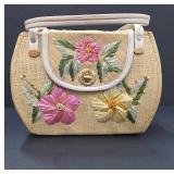 Woven Handbag with Floral Embroidery