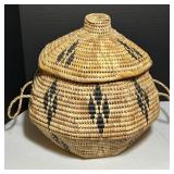 Lidded Woven Basket with Black Patterns