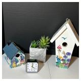 Hand-Painted Birdhouses with Clock and Planter