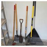 Garden Tools Including Shovels and Rakes