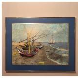 Framed Maritime Artwork with Blue Matting