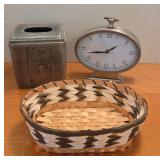 Decorative Clock, Basket, and Metal Box