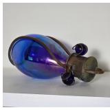 Iridescent Blue Glass Vessel with Metal Accents