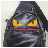 Black Leather Crossbody Bag With Face Motif