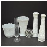 White Milk Glass Vases and Clear Glass Pieces