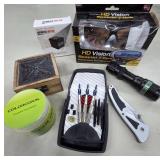 Items Including Darts, Sunglasses, and Tools