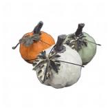 Decorative Pumpkin Figurines with Metal Leaves