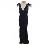 Black Sequin Gown with Feathers, Medium