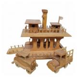 Handcrafted Wooden Steamboat Ferry and Trucks Set