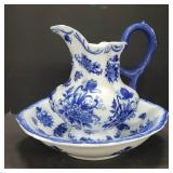 Blue and White Floral Ceramic Pitcher and Basin