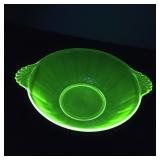 Green Uranium Glass Bowl with Decorative Handles