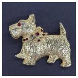 Gold Tone Scottie Dog Brooch with Red Stones