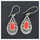 .925 Sterling Silver Red Stone Dangle Earrings