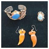 Metal Cuff Bracelet, Ring & Brown Drop Earrings
