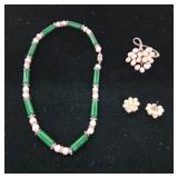 Green Stone & Pearl Necklace Brooch & Earrings Set
