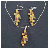 Sterling Silver .925 Amber Pendant & Earrings Set