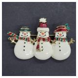 Enamel Gold-Tone Snowman Trio Brooch