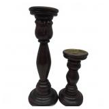 Carved Wood & Brass Rim Candleholders