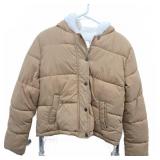 Tan Hooded Puffer Jacket Faux Fur Lining S
