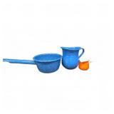 Blue Speckled Saucepan & Pitcher, Orange Ladle