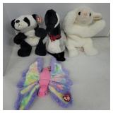 TY Beanie Babies Panda, Goose, Bunny & Butterfly