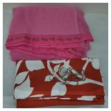 Pink Blanket, Orange & White Shower Curtain, Rings