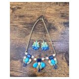 GOLD TONE BLUE BOX CHAIN NECKLACE EARRING SET