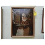 Oil on canvas, on board, of a lady tatting