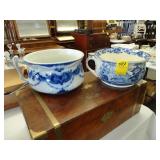 Two blue and white ironstone chamber pots, A/F