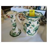 Green Masons ironstone jug and candle stick in