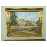 Oil on board of cottages and a stream from the