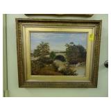 TOC, oil on canvas, of a bridge over a stream,