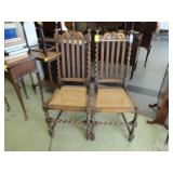Pair of barley twist, oak, cane seat chairs in