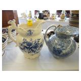 Two blue and white, 19th Century jugs, one A/F