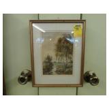 Wee, watercolor landscape of a birch tree with a